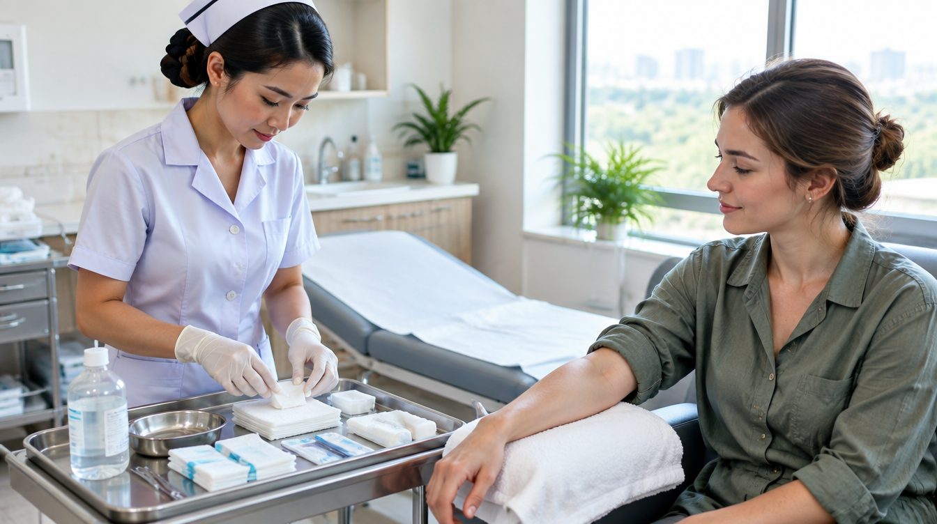 Nurse preparing sterile dressings for animal bite treatment in a Phuket clinic room
