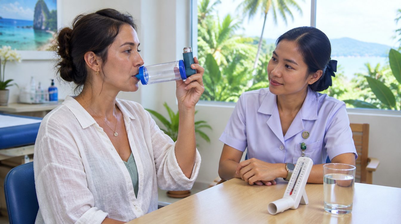 Nurse checking a traveller's inhaler and spacer technique for asthma in a Phuket clinic