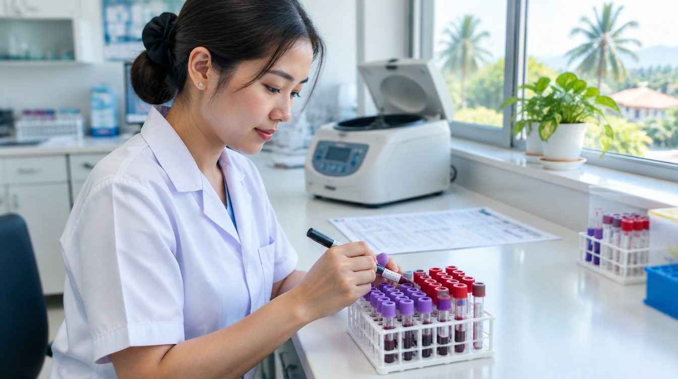 Nurse labelling blood sample tubes on a clinic laboratory bench for a blood test in Phuket