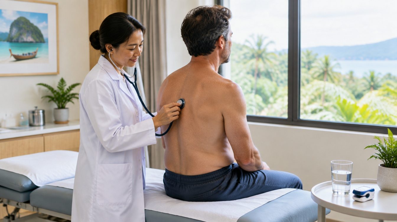 Doctor listening to a traveller's chest for bronchitis in a Phuket clinic