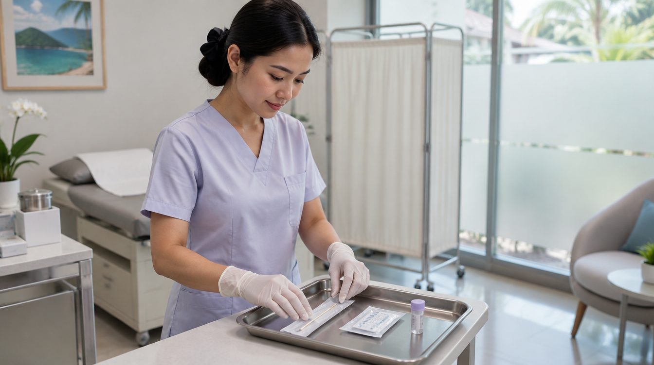 Nurse preparing a swab kit for bacterial vaginosis testing in a Phuket clinic