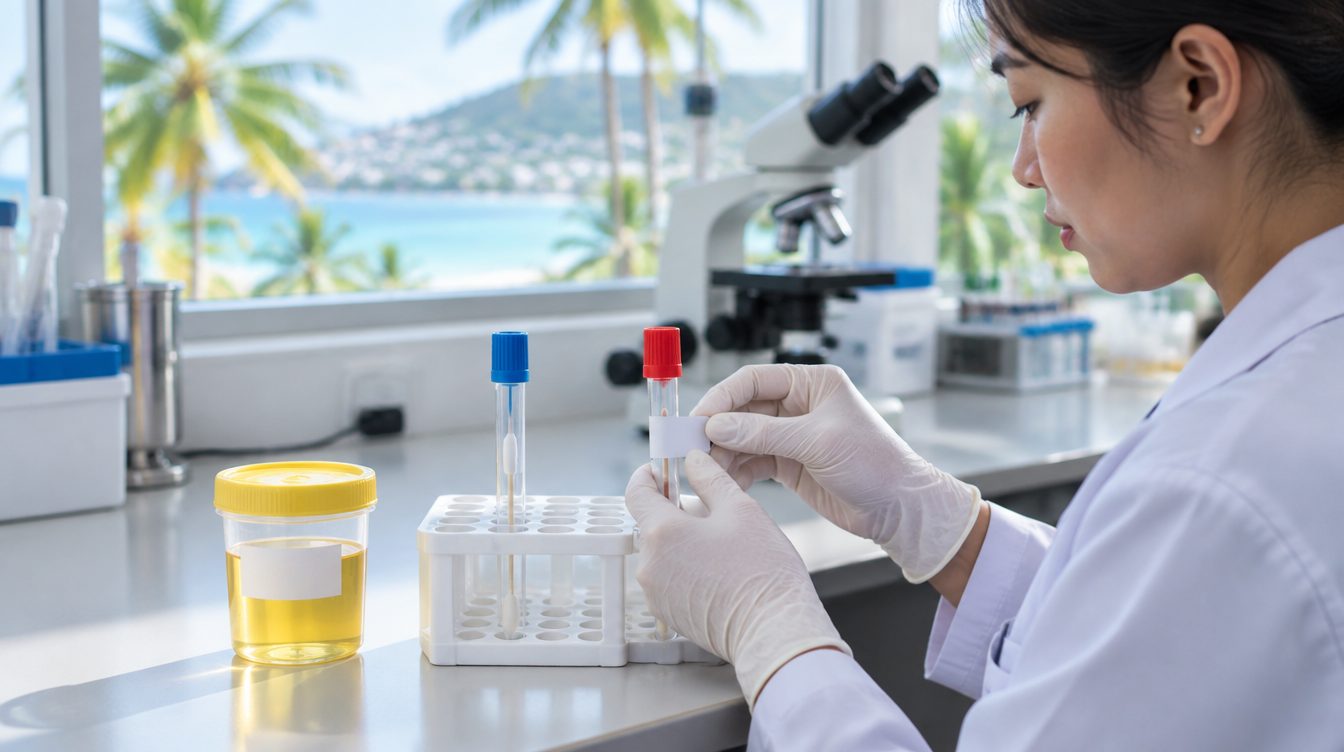 Urine cup and swab tubes on a Phuket clinic lab bench for chlamydia testing