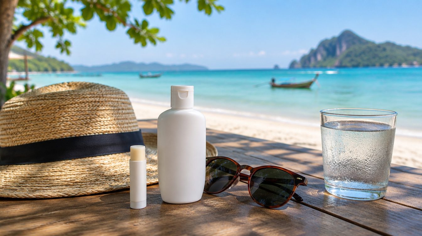 Sun hat, lip balm and sunscreen on a Phuket beach table for cold sore prevention