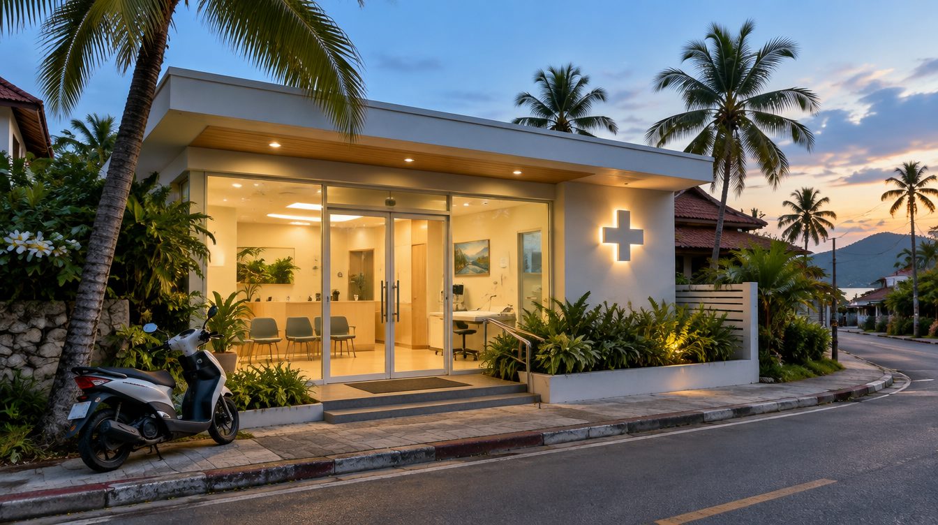 Walk-in medical clinic on a tropical street in Phuket at dusk