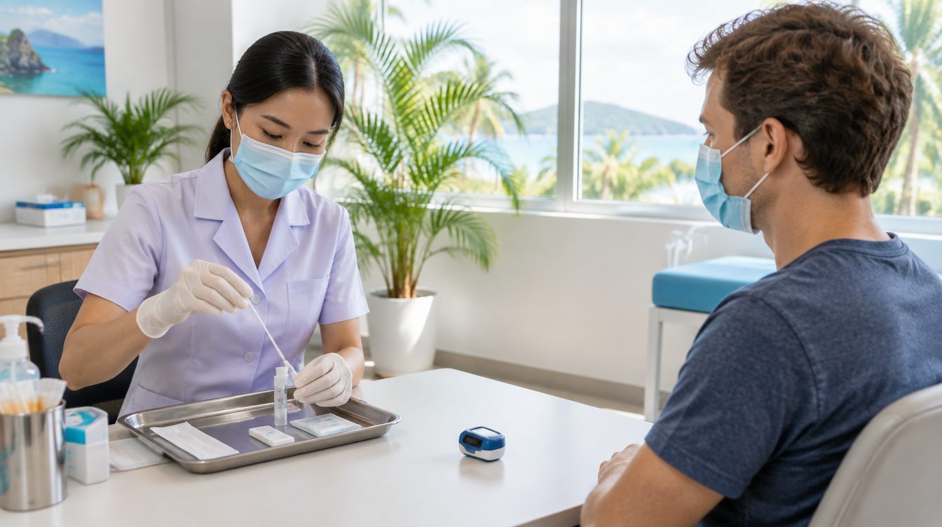 Nurse preparing a COVID-19 swab test for a masked traveller in a Phuket clinic