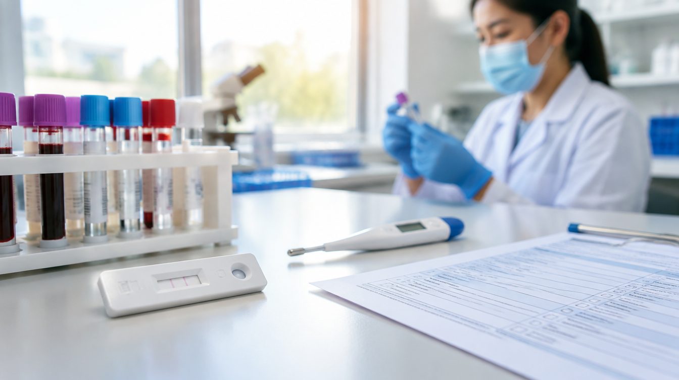 Rapid dengue test cassette and sample tubes on a clinic laboratory bench in Phuket