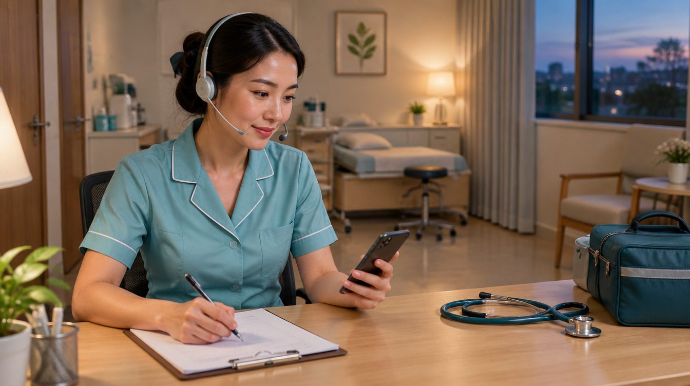 Clinic nurse answering an evening medical call on a smartphone in Phuket