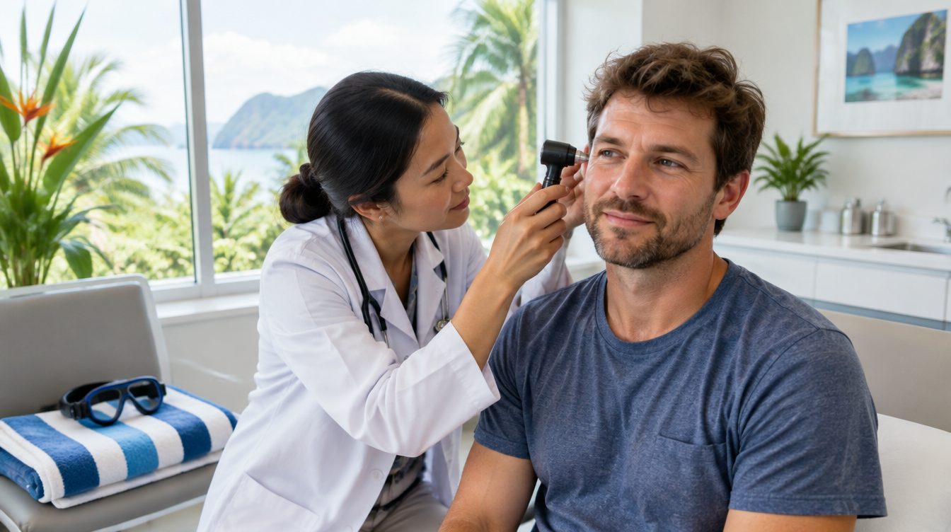 Doctor examining a swimmer's ear with an otoscope at a clinic in Phuket