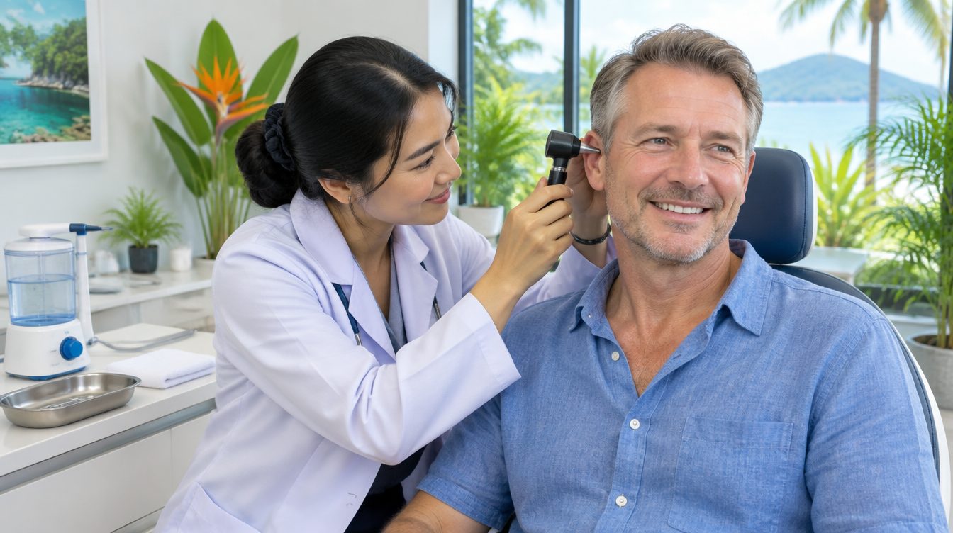Doctor examining a tourist's ear with an otoscope before ear wax removal in Phuket