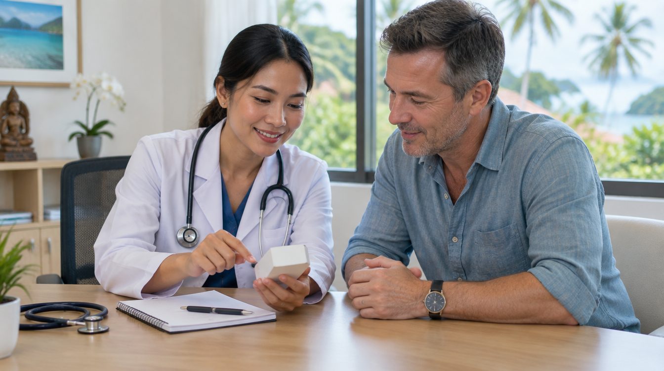 Doctor explaining medicine instructions to a foreign patient in a Phuket clinic consultation room
