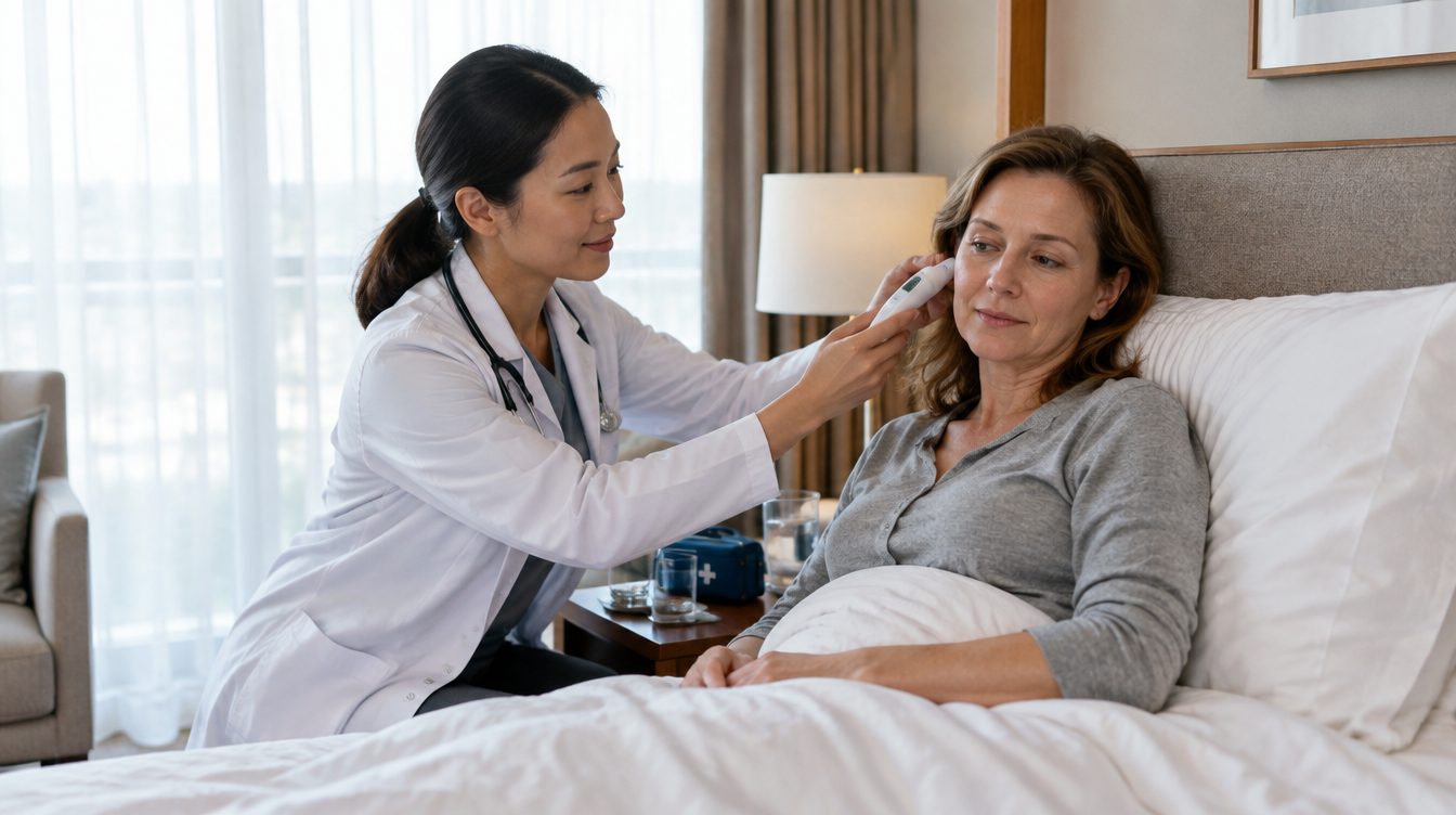 Doctor checking a guest's temperature during a hotel room fever visit in Phuket