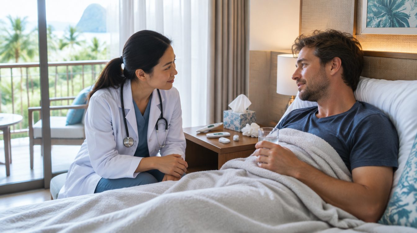 Doctor checking a feverish traveller with flu symptoms in a Phuket hotel room