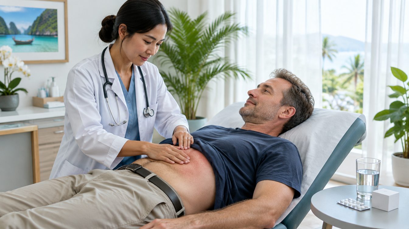 Doctor examining a patient's upper abdomen during gastritis treatment at a Phuket clinic