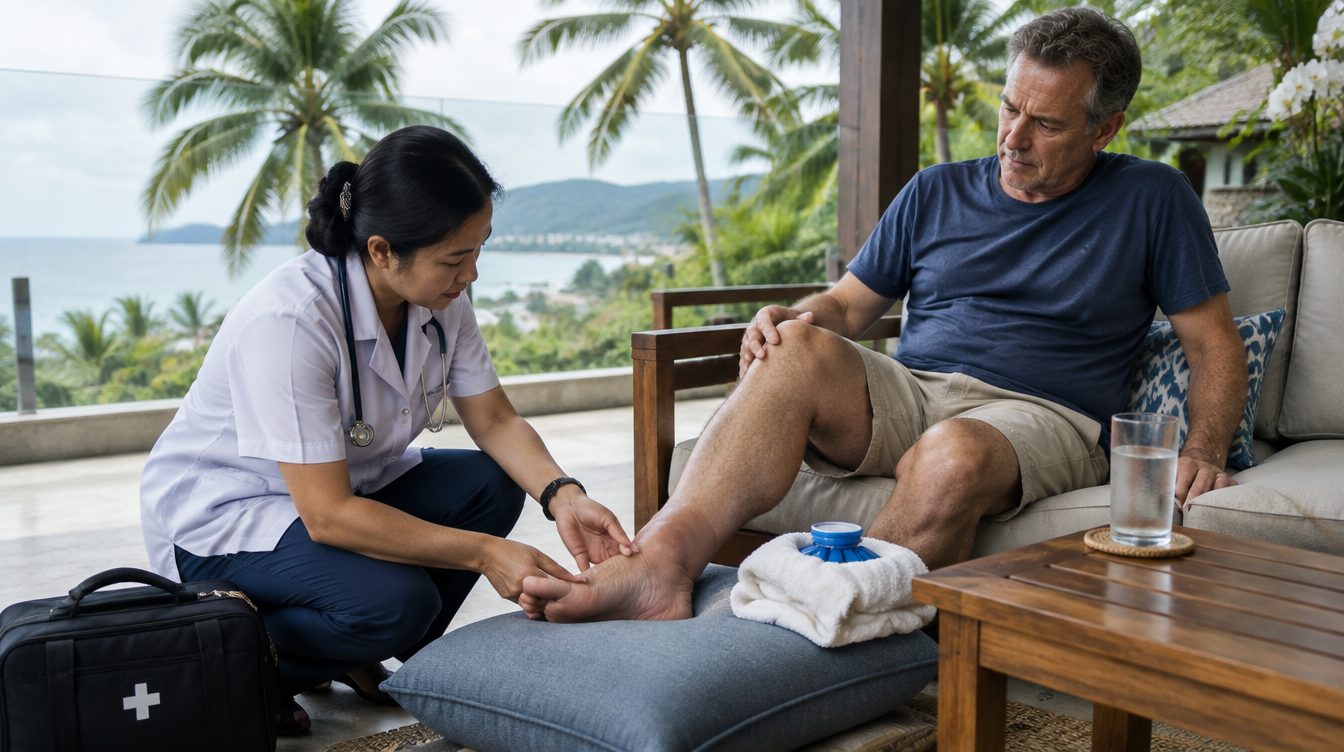 Doctor examining a man's swollen foot on a Phuket villa terrace during gout treatment