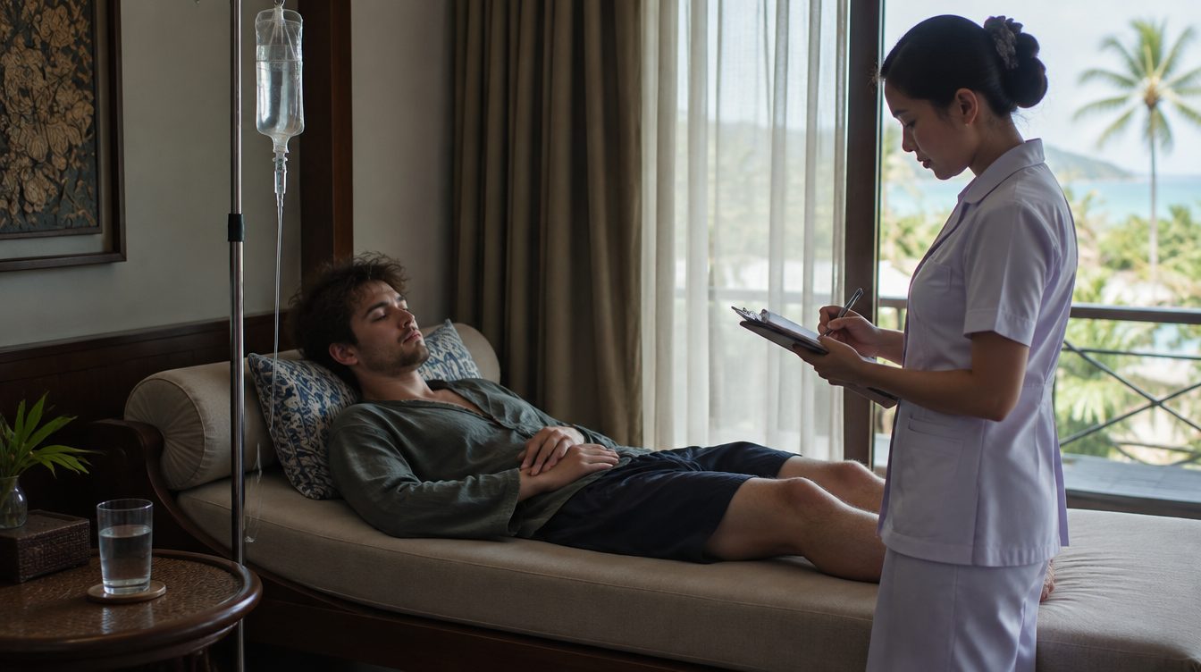 Nurse monitoring a rehydration drip for a tired hungover guest in a Phuket hotel room