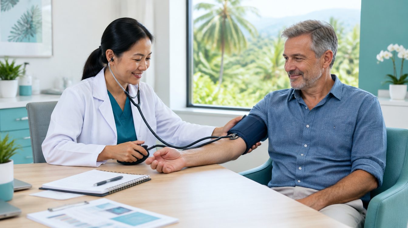 Doctor checking blood pressure during a health check-up in a calm Phuket consultation room