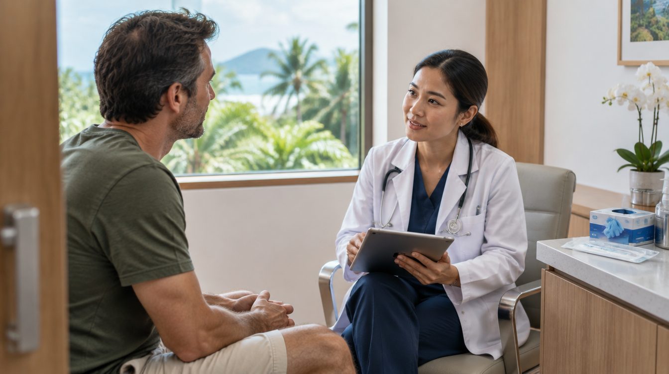 Doctor discussing genital herpes testing with a patient in a Phuket consultation room