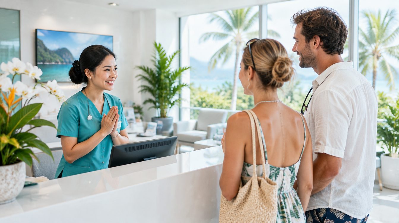 Nurse welcoming international visitors at a modern 24/7 walk-in clinic in Phuket