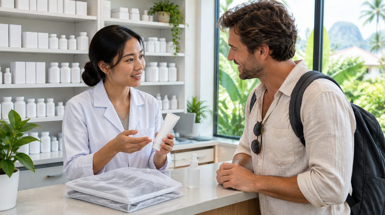 Pharmacist advising a traveller on bite creams and repellent at a Phuket clinic pharmacy