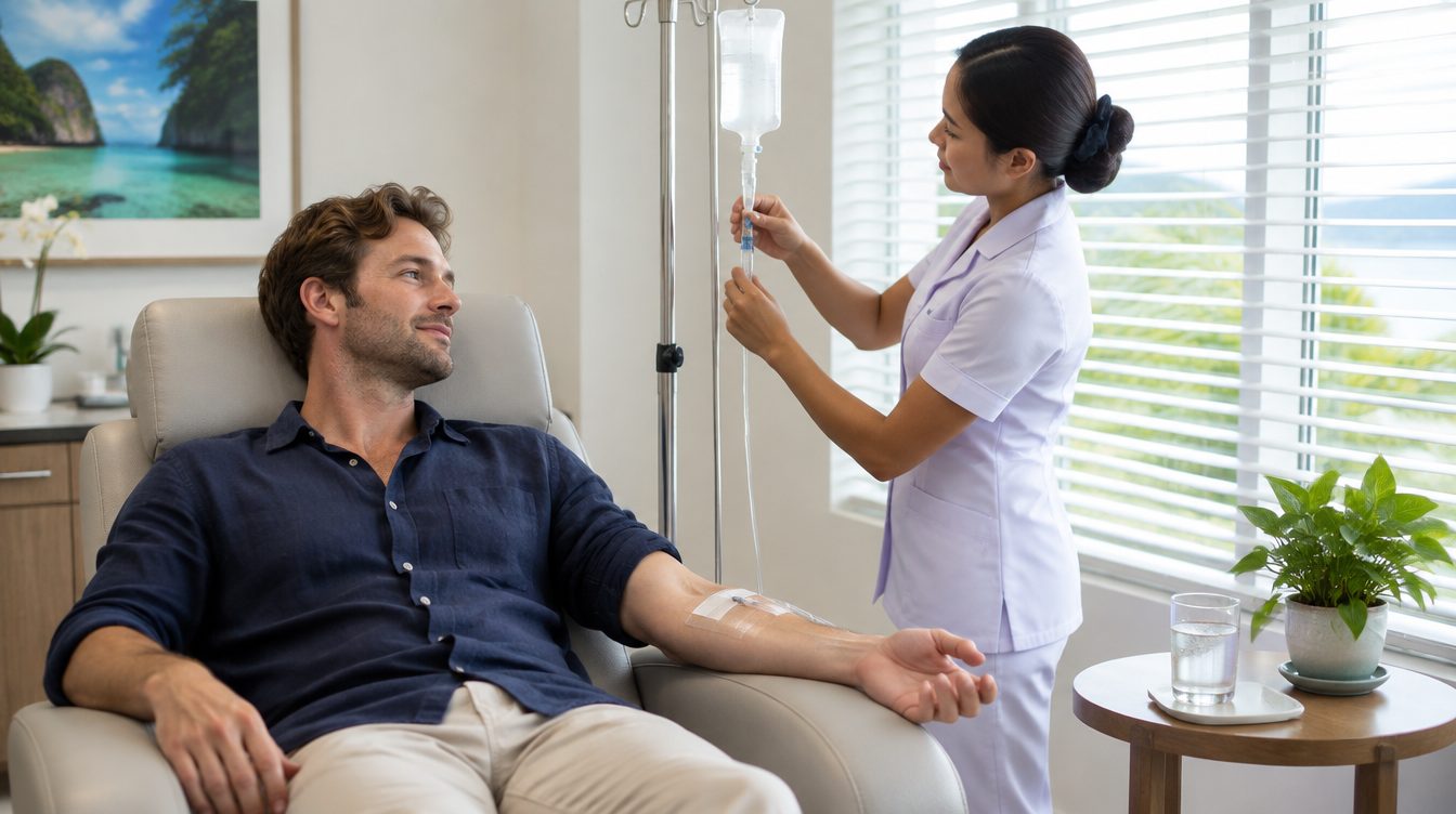 Nurse adjusting an IV fluid drip for a patient resting in a Phuket clinic