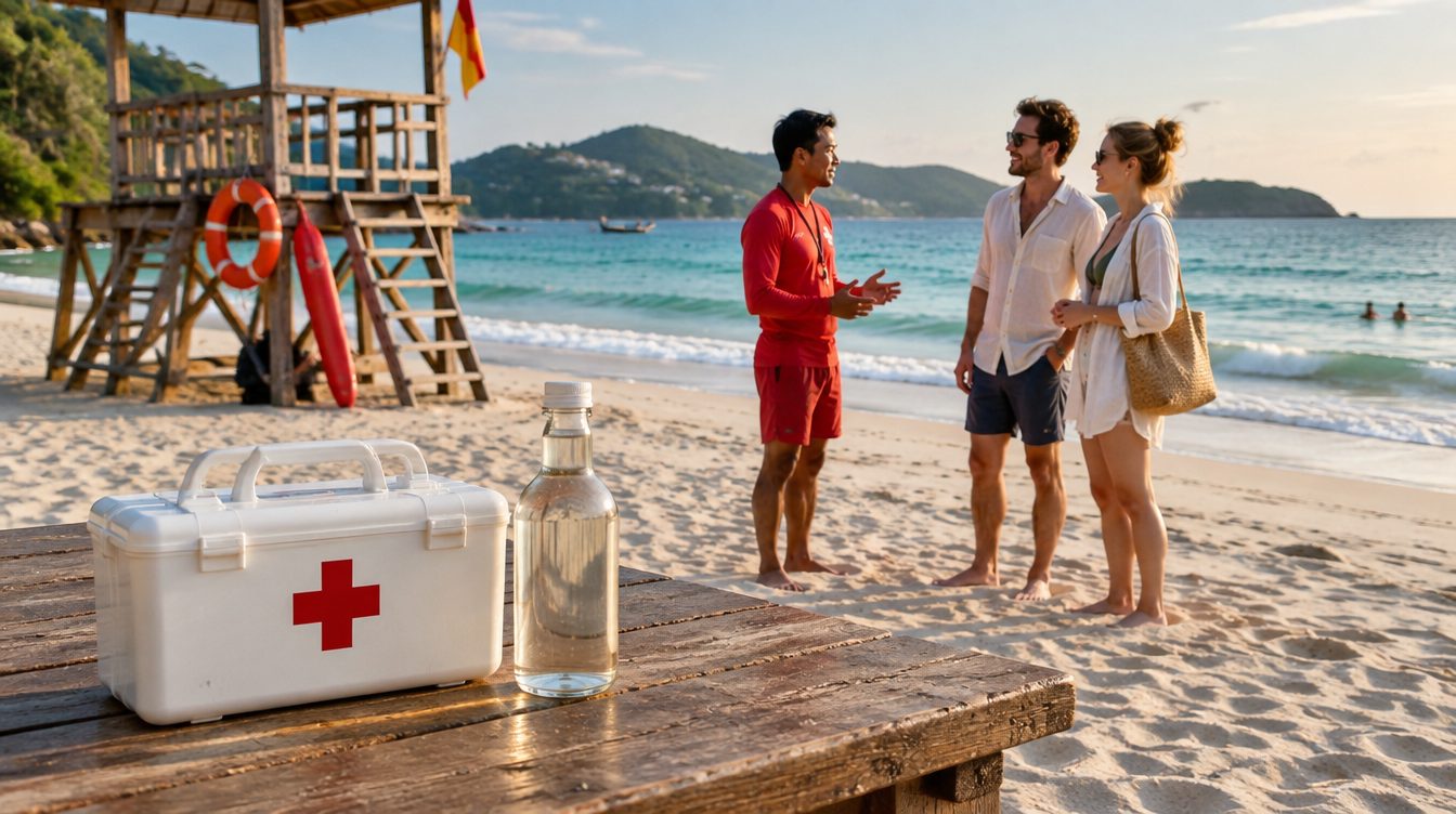 Vinegar bottle and first-aid kit beside a lifeguard tower on a Phuket beach, jellyfish sting care