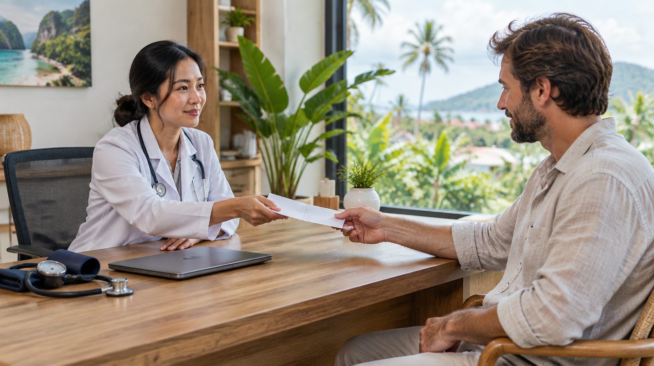 Doctor handing a signed medical certificate to a traveller in a Phuket clinic consultation room