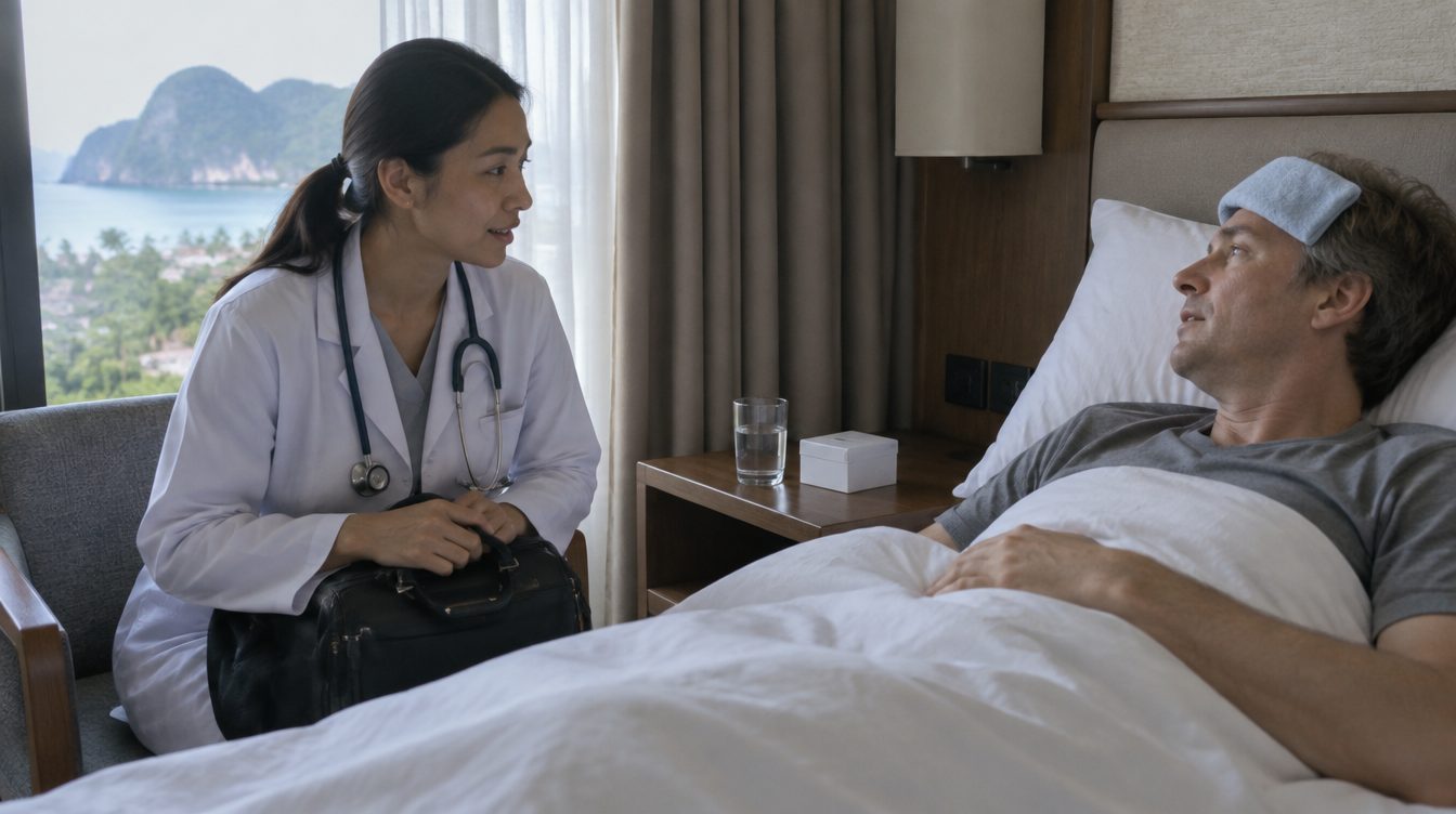 Doctor visiting a guest resting in a darkened Phuket hotel room for migraine treatment