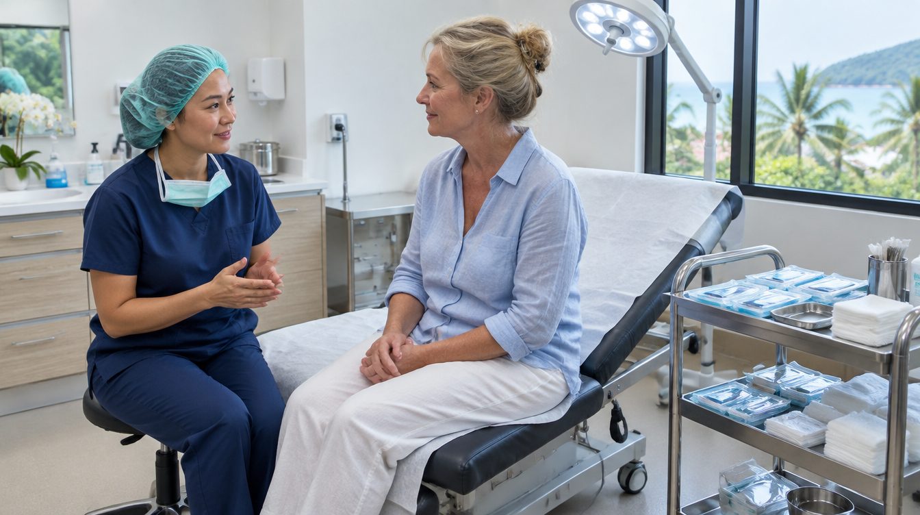 Doctor talking with a patient before minor surgery in a Phuket clinic procedure room