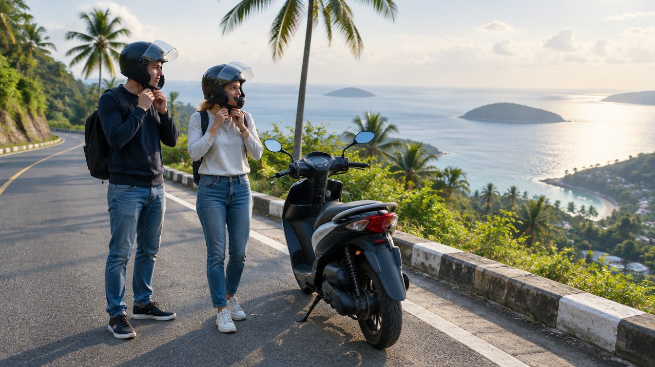 Couple fastening full-face helmets beside a rental scooter on a quiet coastal road in Phuket