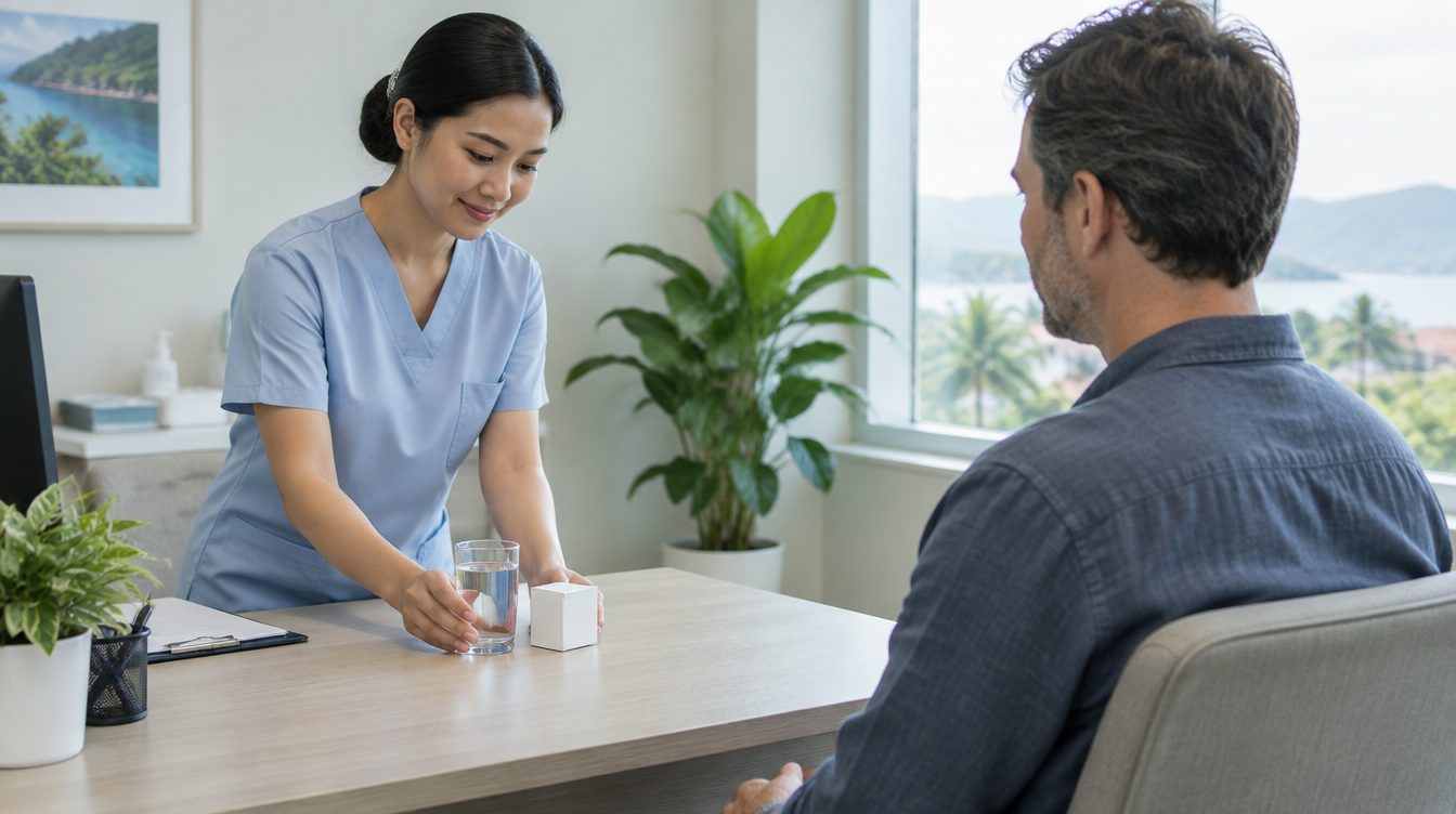 Nurse giving water and medication to a patient starting PEP at a Phuket clinic