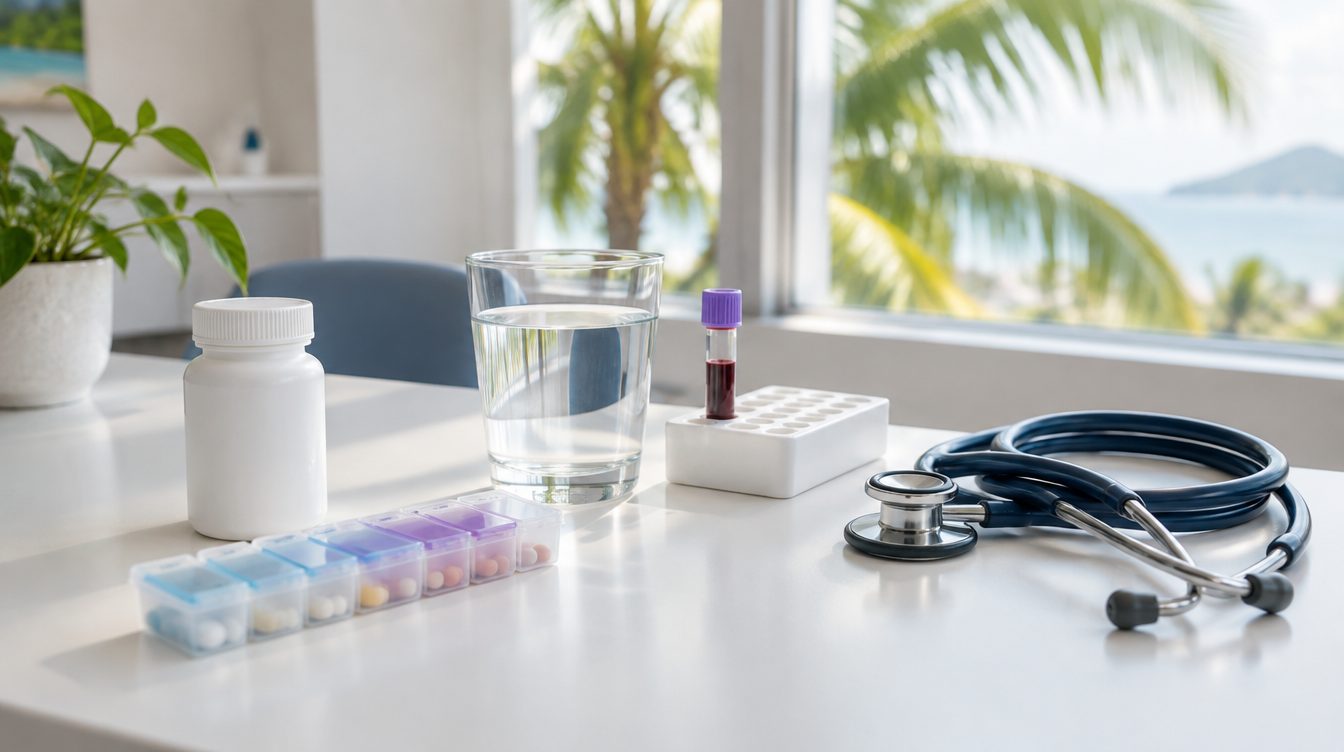 Pill organiser, water glass and sample tube on a Phuket clinic desk for PrEP