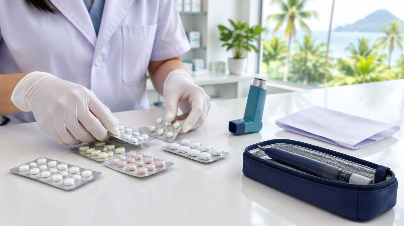 Pharmacist sorting regular medicines and an inhaler for a prescription refill at a Phuket clinic