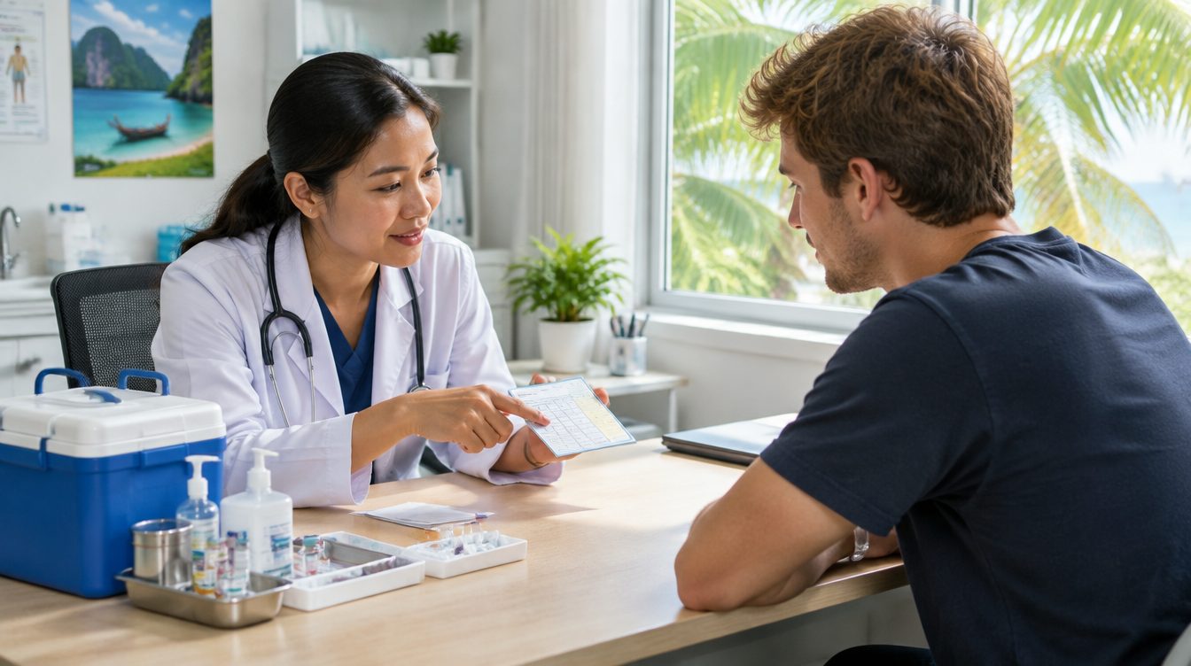 Doctor explaining a rabies vaccine schedule card to a traveller in a Phuket clinic