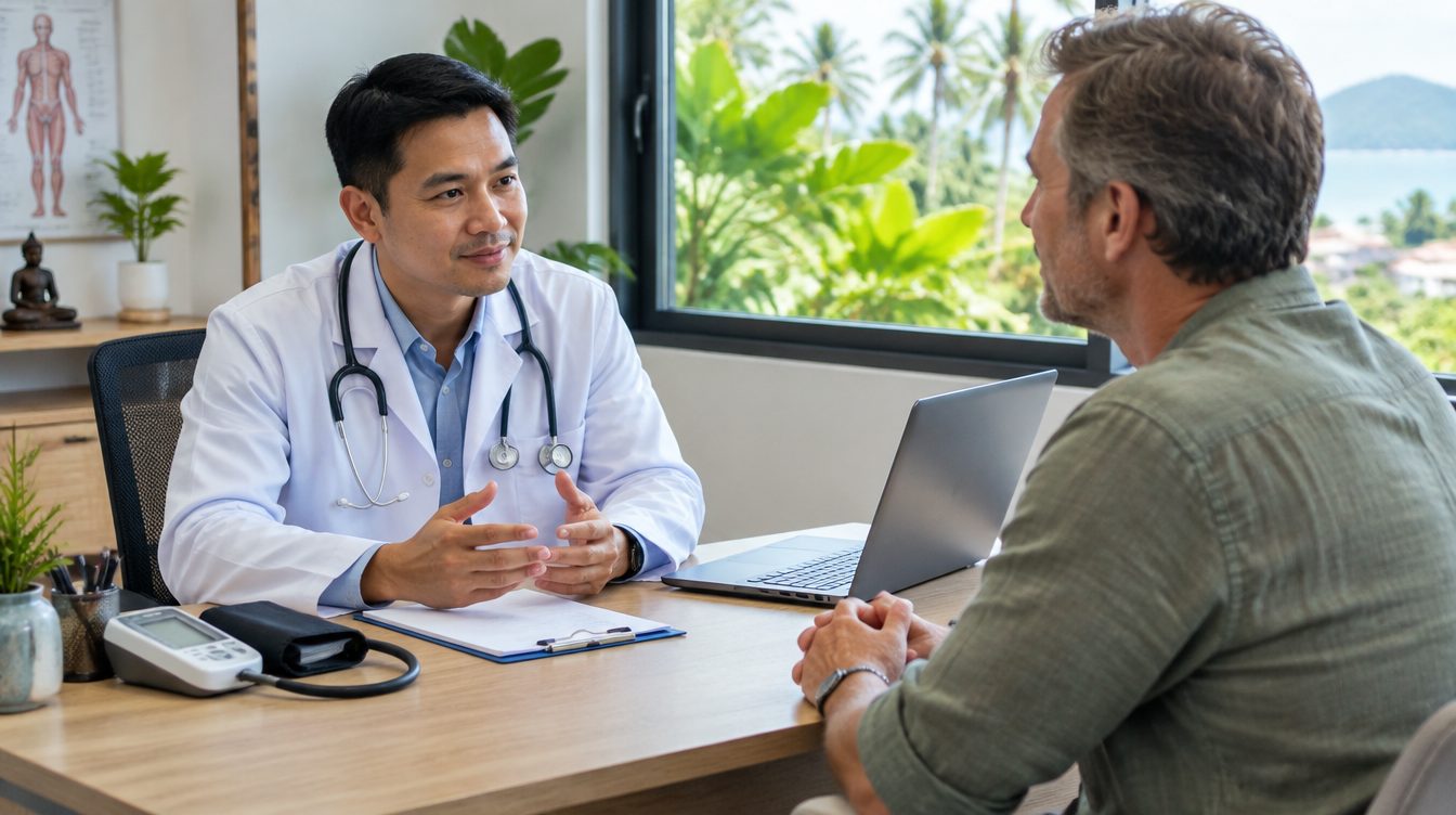 Doctor consulting with a traveller in a modern Phuket clinic room