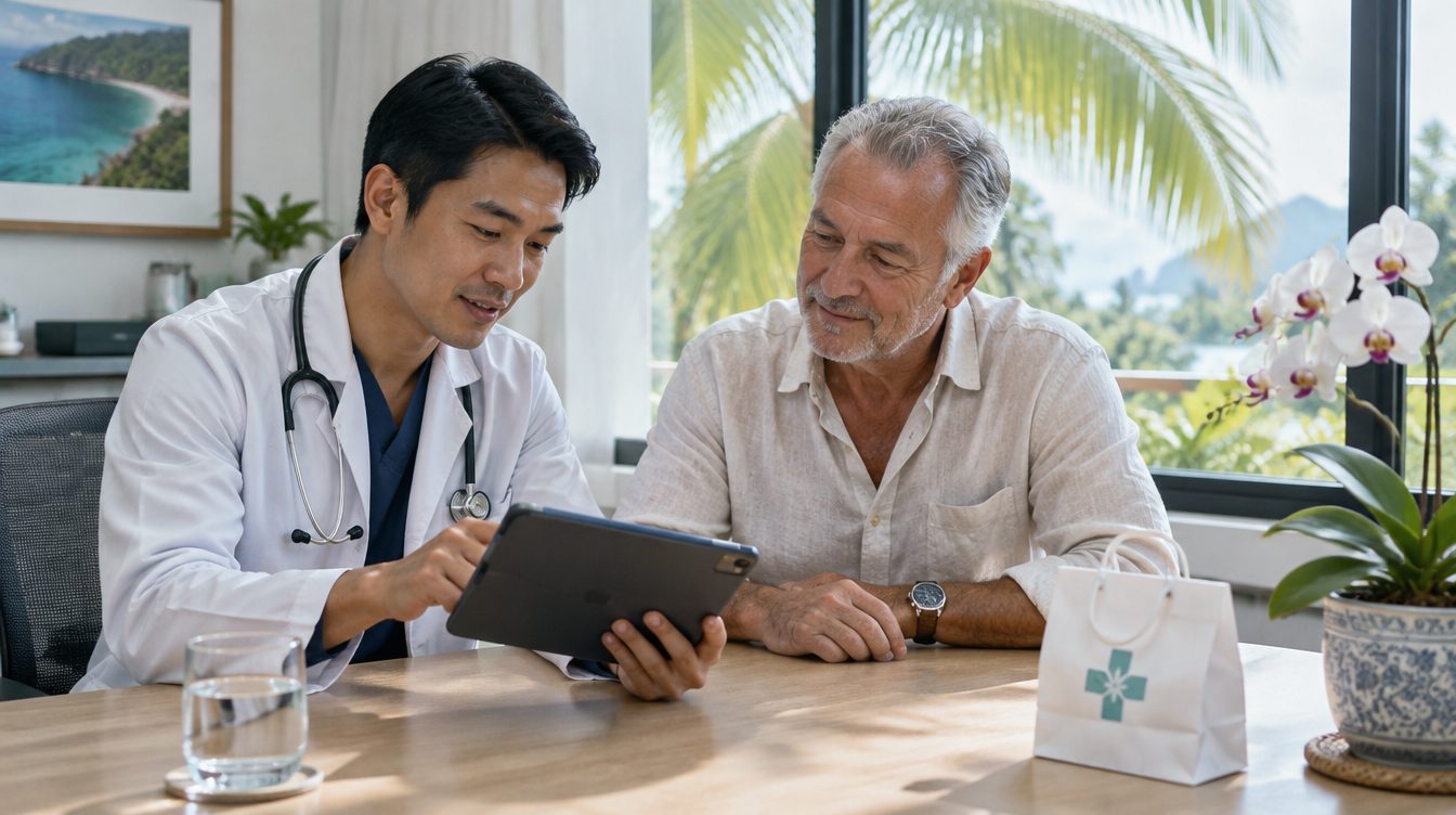 Older traveller discussing shingles treatment with a doctor in a Phuket clinic consultation room