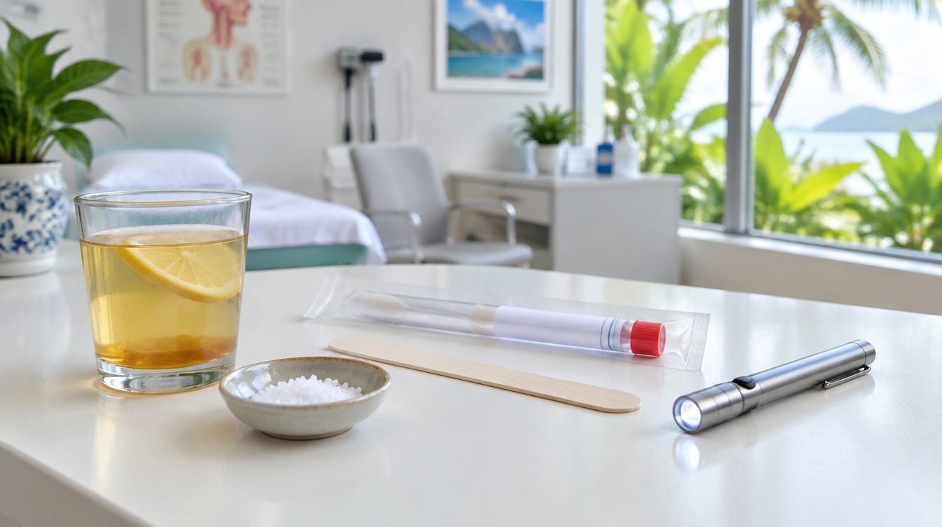 Throat examination tools and a honey drink on a bench in a Phuket clinic
