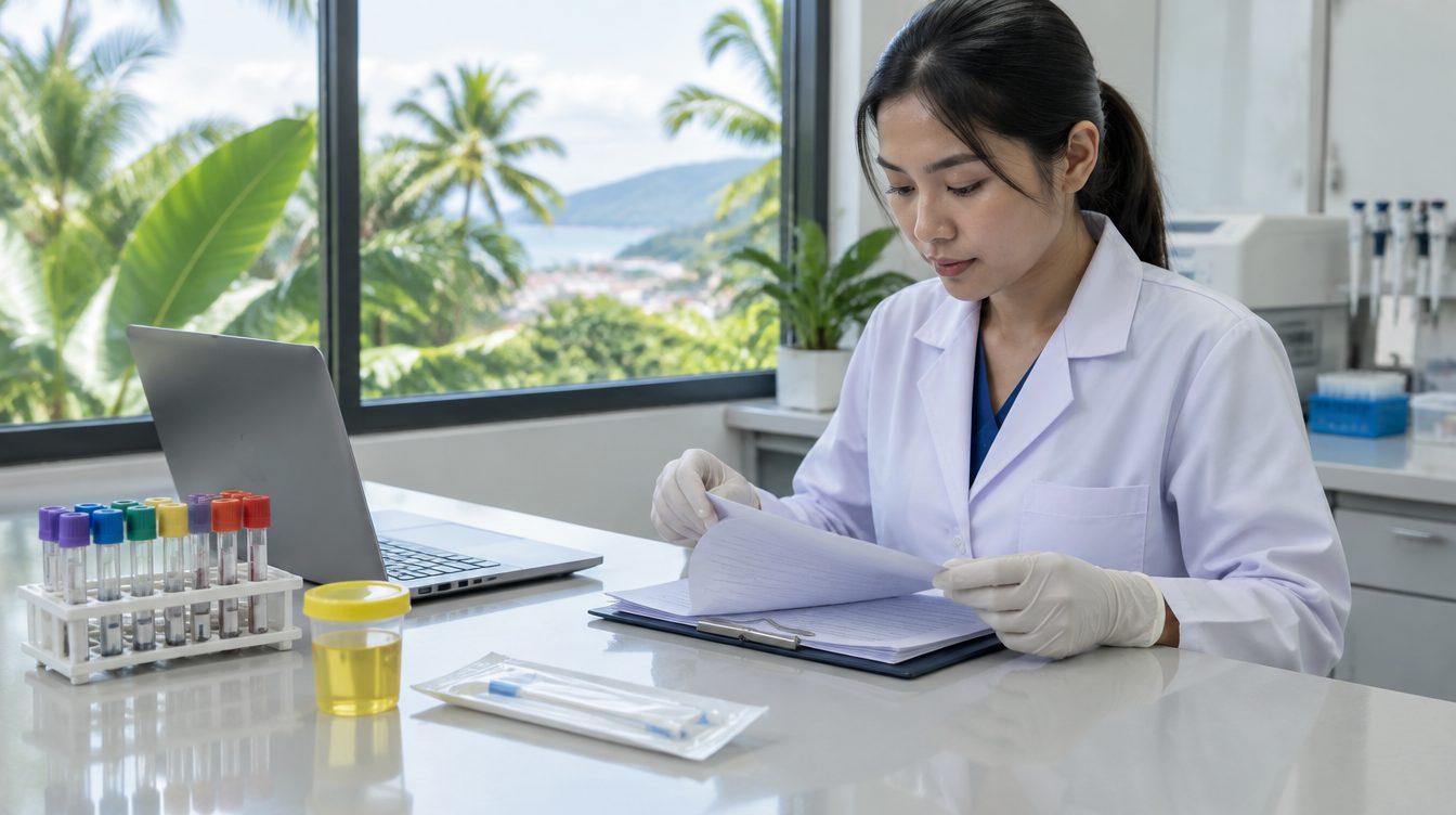 Sample tubes and a swab kit on a clinic lab bench for STD testing in Phuket
