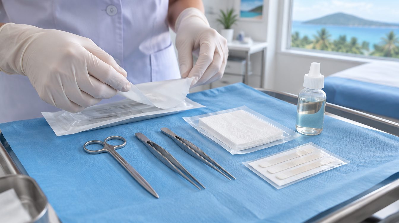 Sterile suture removal kit prepared by a nurse for stitches removal at a Phuket clinic