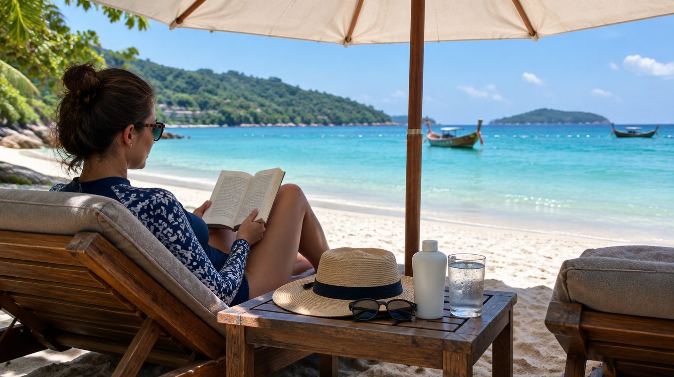 Shaded parasol, straw hat and sunscreen on a Phuket beach, sunburn prevention and treatment