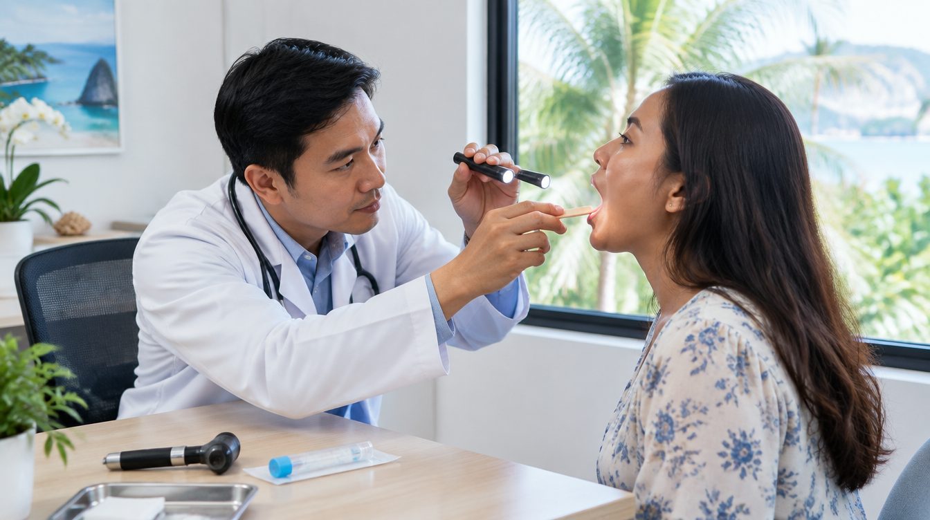 Doctor examining a patient's swollen tonsils with a penlight at a clinic in Phuket