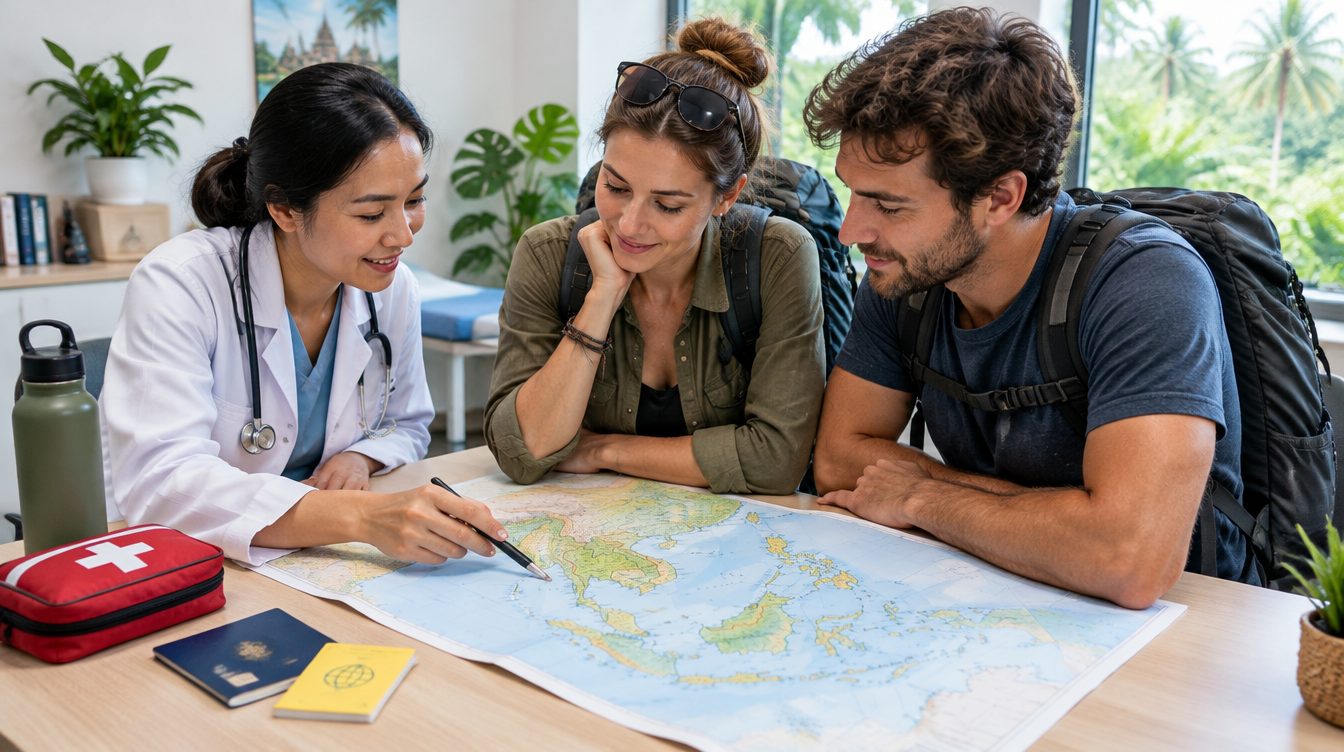 Doctor planning a travel medicine itinerary with backpackers at a map in a Phuket clinic