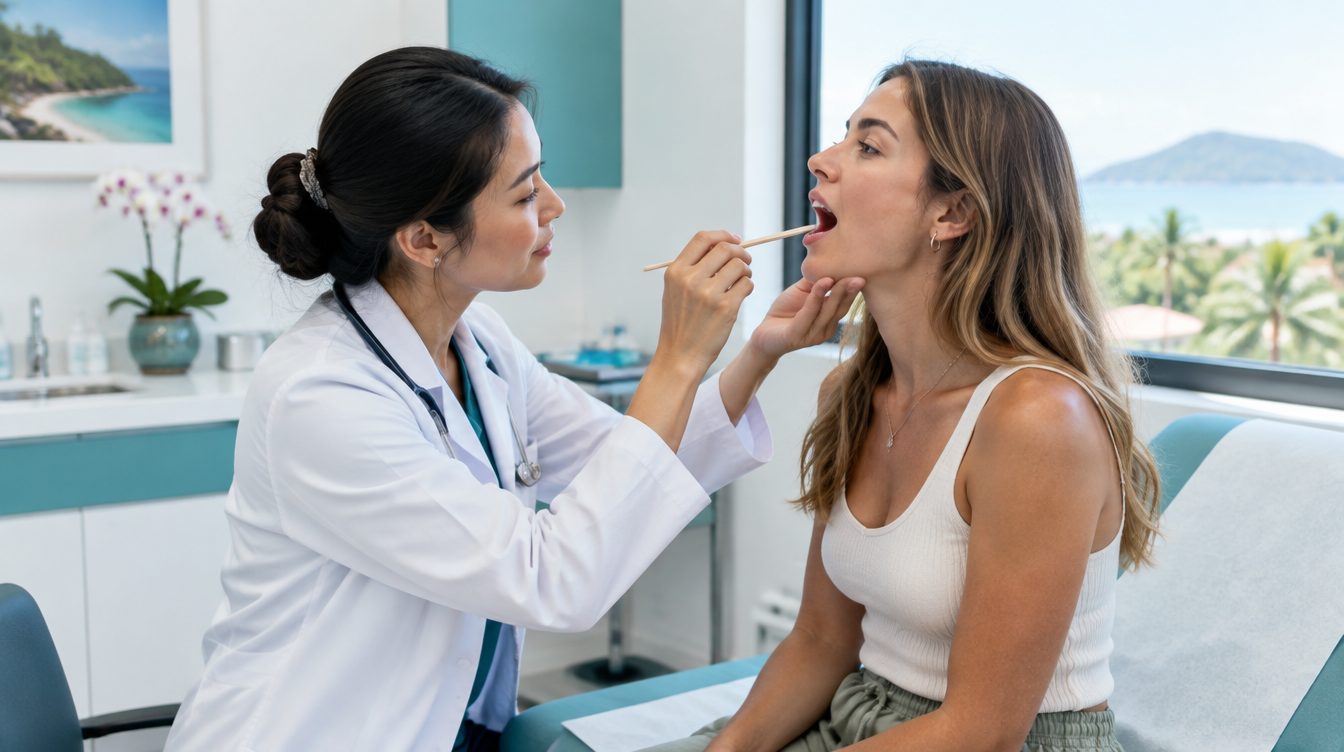 Doctor examining a patient's throat at a Phuket clinic