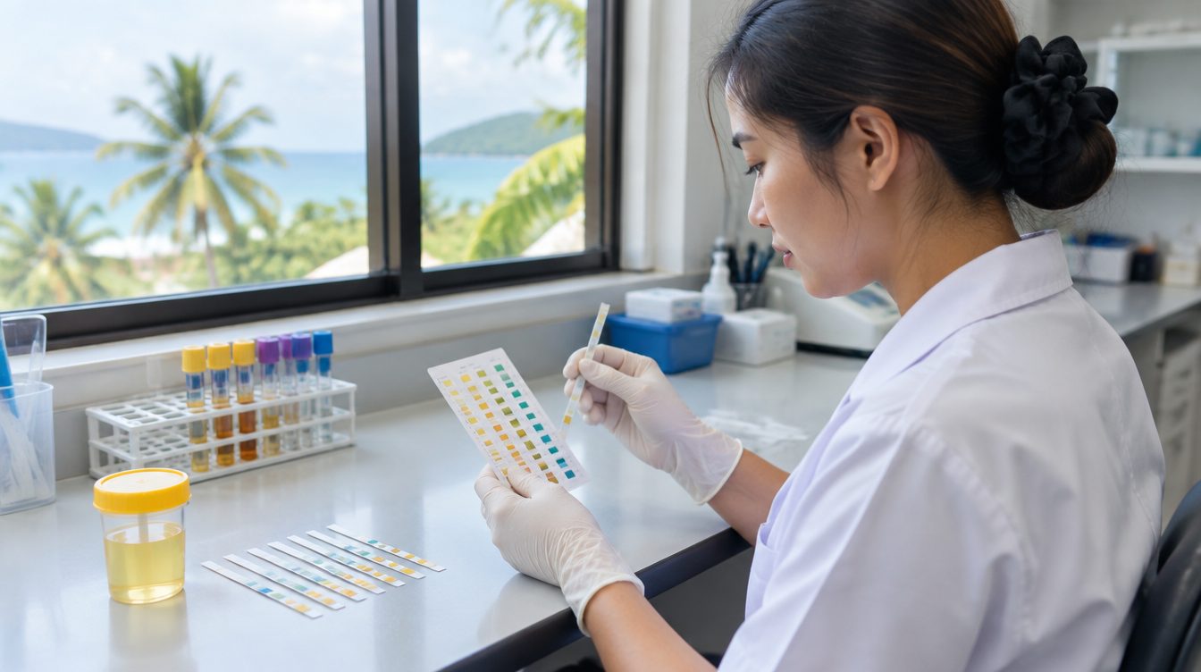 Technician reading a urine dipstick test for UTI treatment at a Phuket clinic laboratory