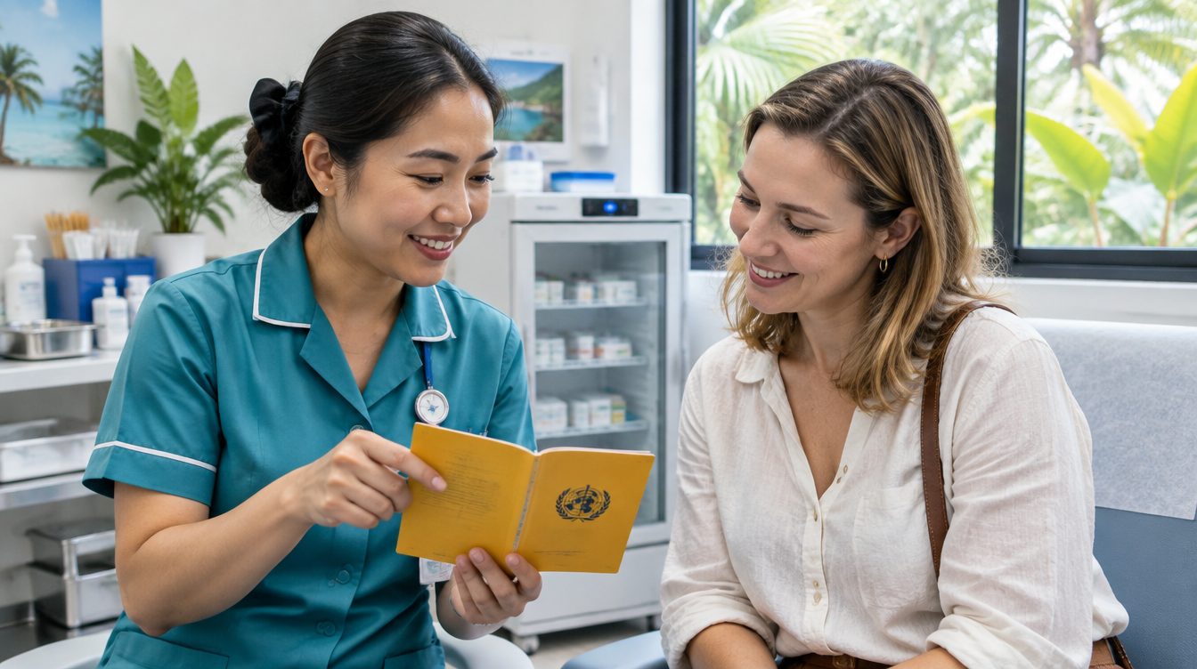 Nurse explaining a vaccination record booklet to a traveller in a Phuket clinic room