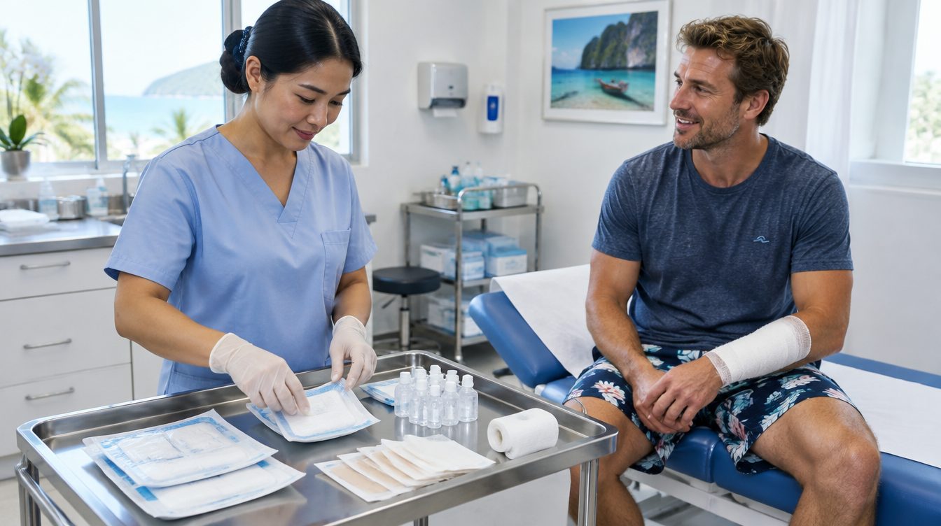 Nurse preparing sterile dressings for wound care on a tourist's bandaged arm in Phuket